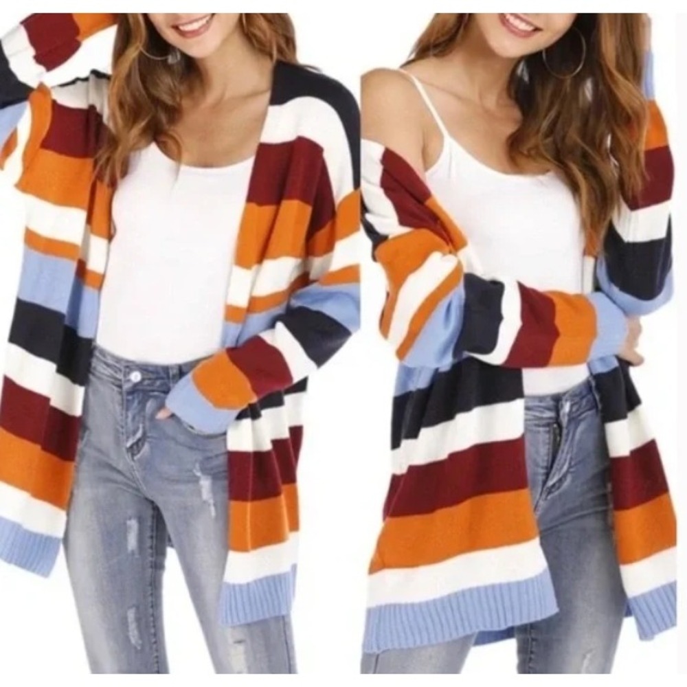 ECOWISH Striped Open‎ Front Cardigan Sweater Women Blue Burgundy Size Medium
